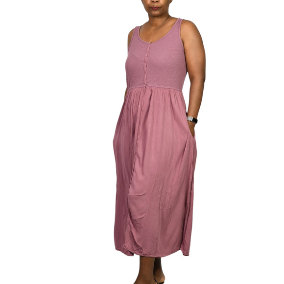 Frye Easy Button Front Dress Pink Mauve Tank Jersey Knit Pockets Rayon Medium - Picture 15 of 15